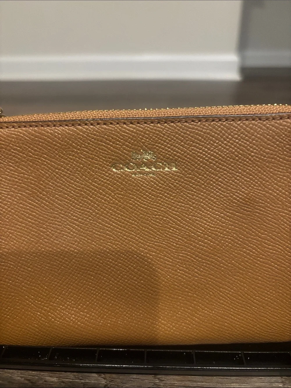 Coach Tan Pebbled Leather Wristlet with Gold Logo